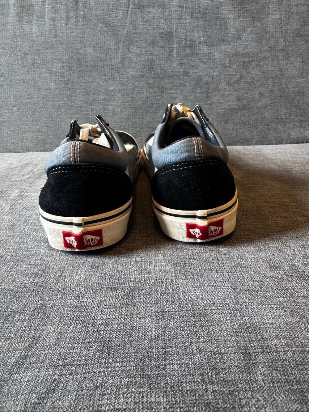 Vans Black Suede Sneakers with White Stripe and Blue Canvas